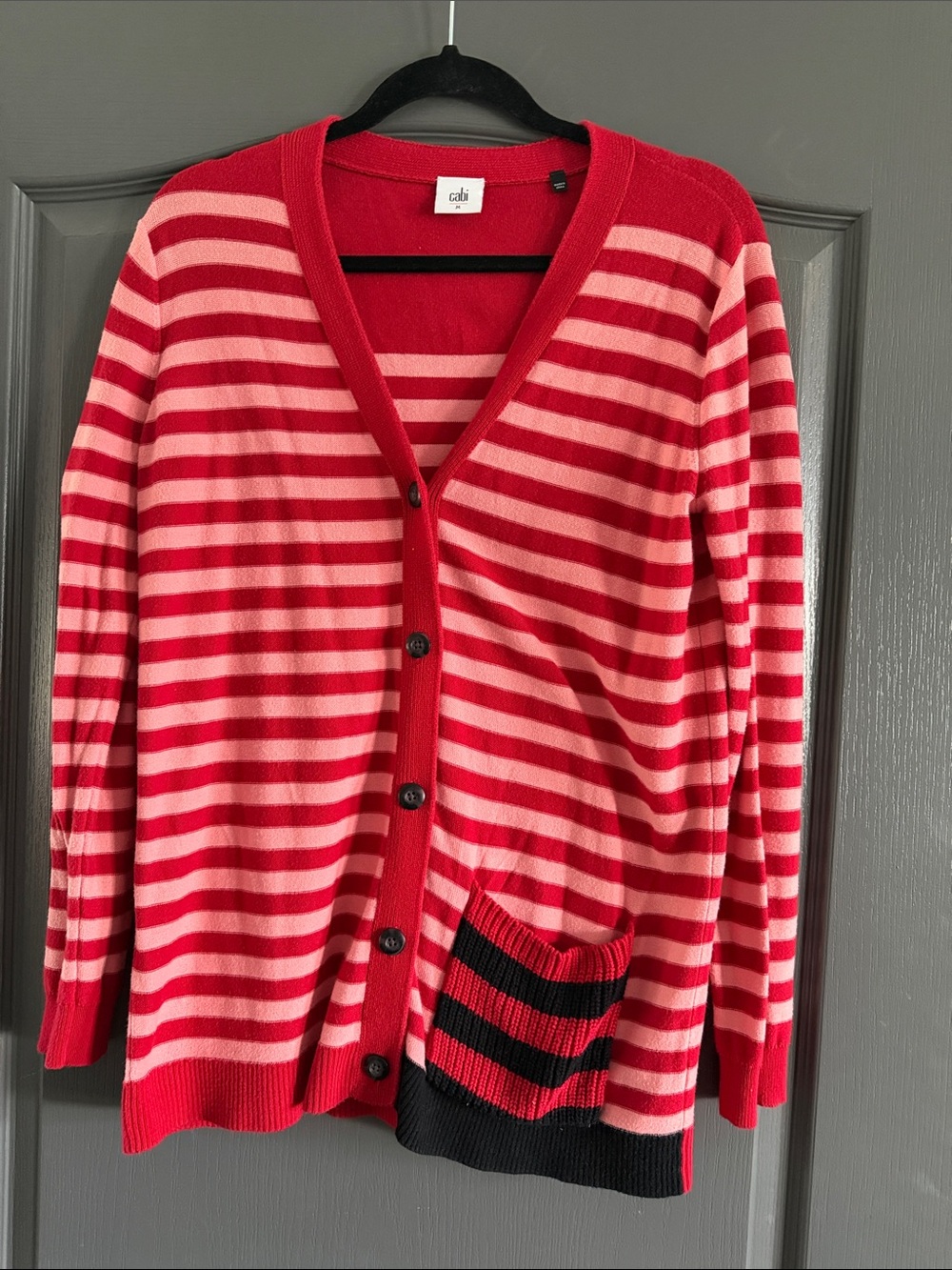 CAbi Red and Pink Striped Button-Front Cardigan with Contrast Pocket